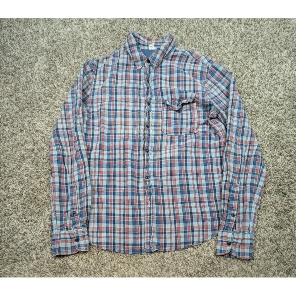 SKU Save Khaki United Shirt Mens Small Blue Plaid Cotton Linen Blend Button Up